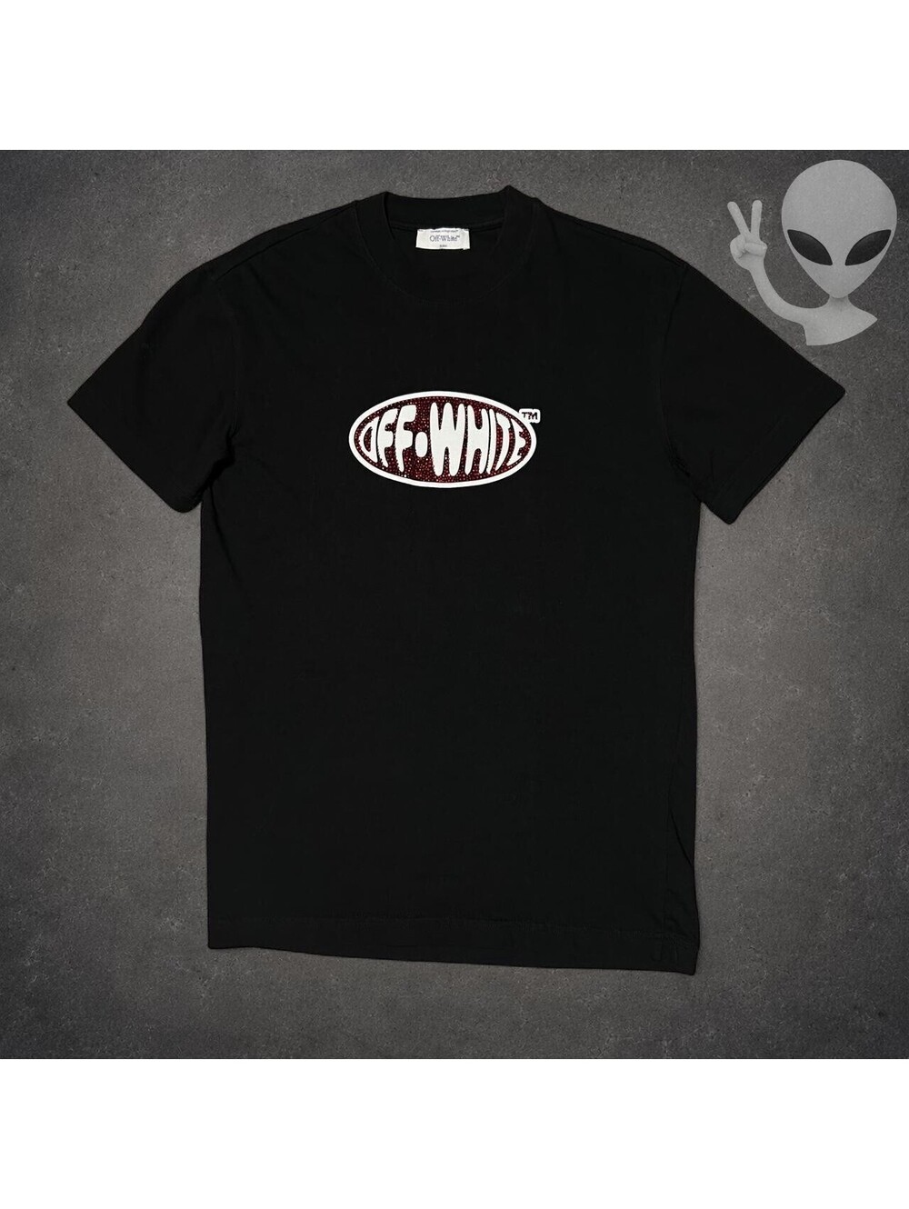 Off-White Fresco Oval Rhinestone Logo Black T-Shirt Mens US Size M